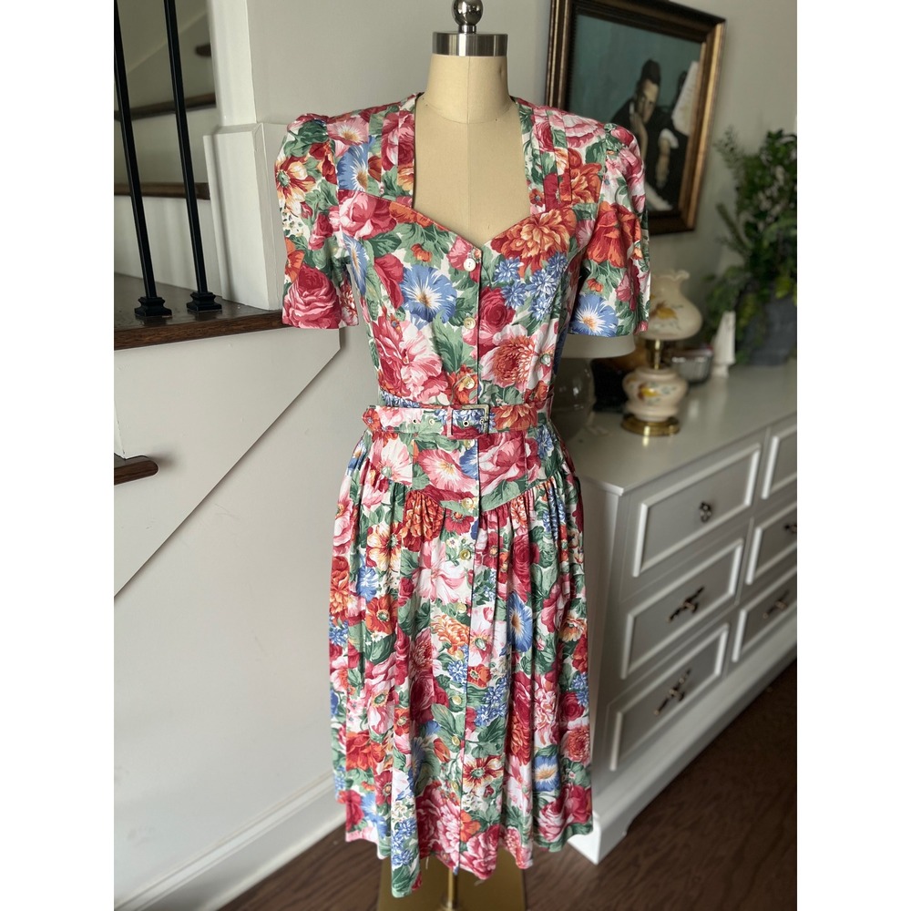 S.L. Fashions Vintage 1980s‎ Prairie Cottagecore Floral Midi Tea Dress Sz 10P